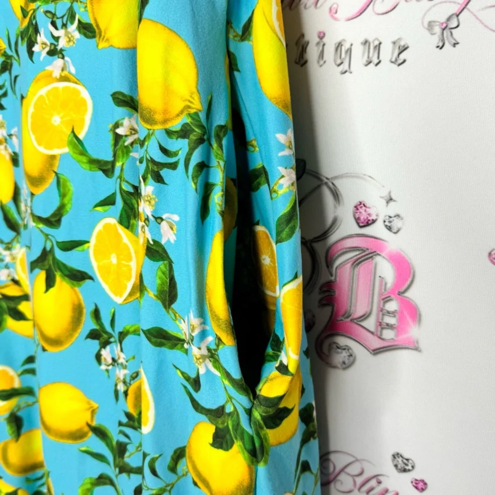 Yelete dress Lemon Print Blue yellow pockets on sides Tshirt style - Picture 9 of 11